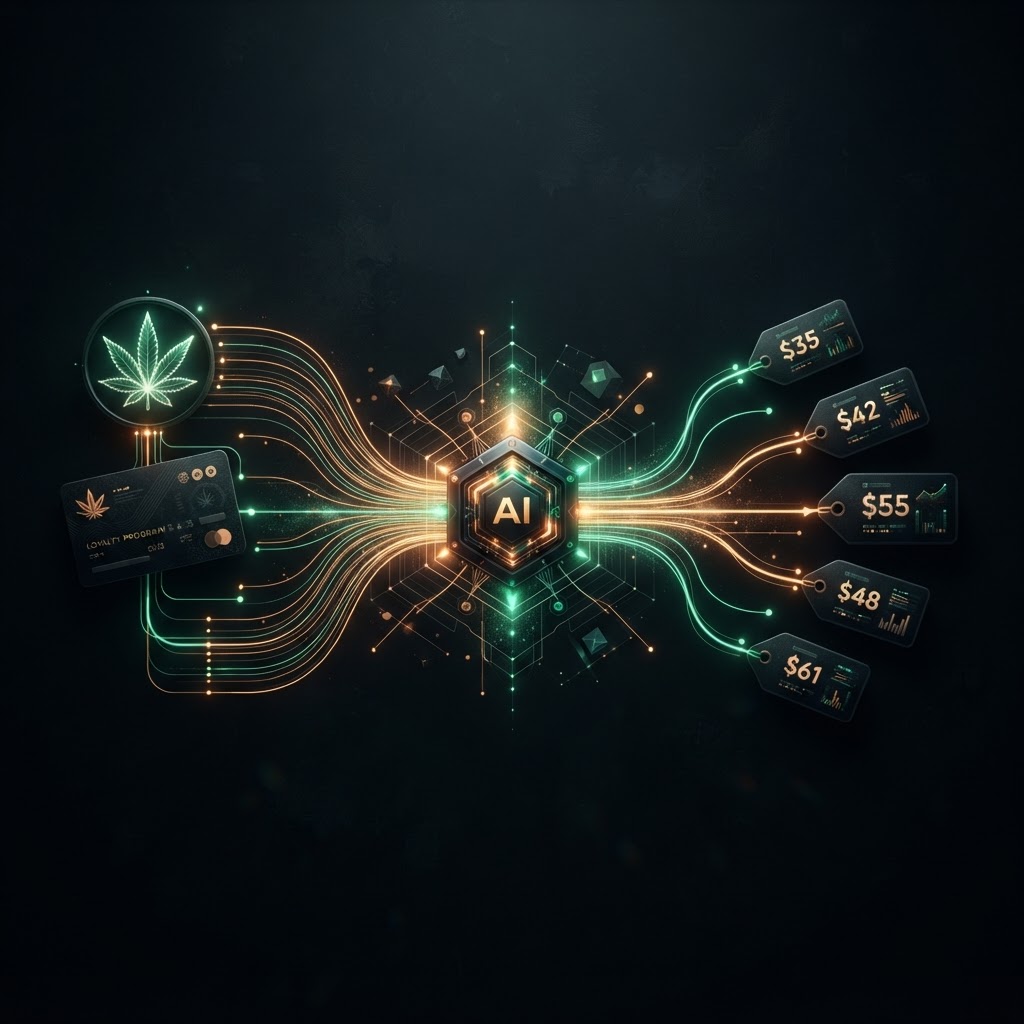 Dark infographic showing data flowing from loyalty programs through AI into individualized prices
