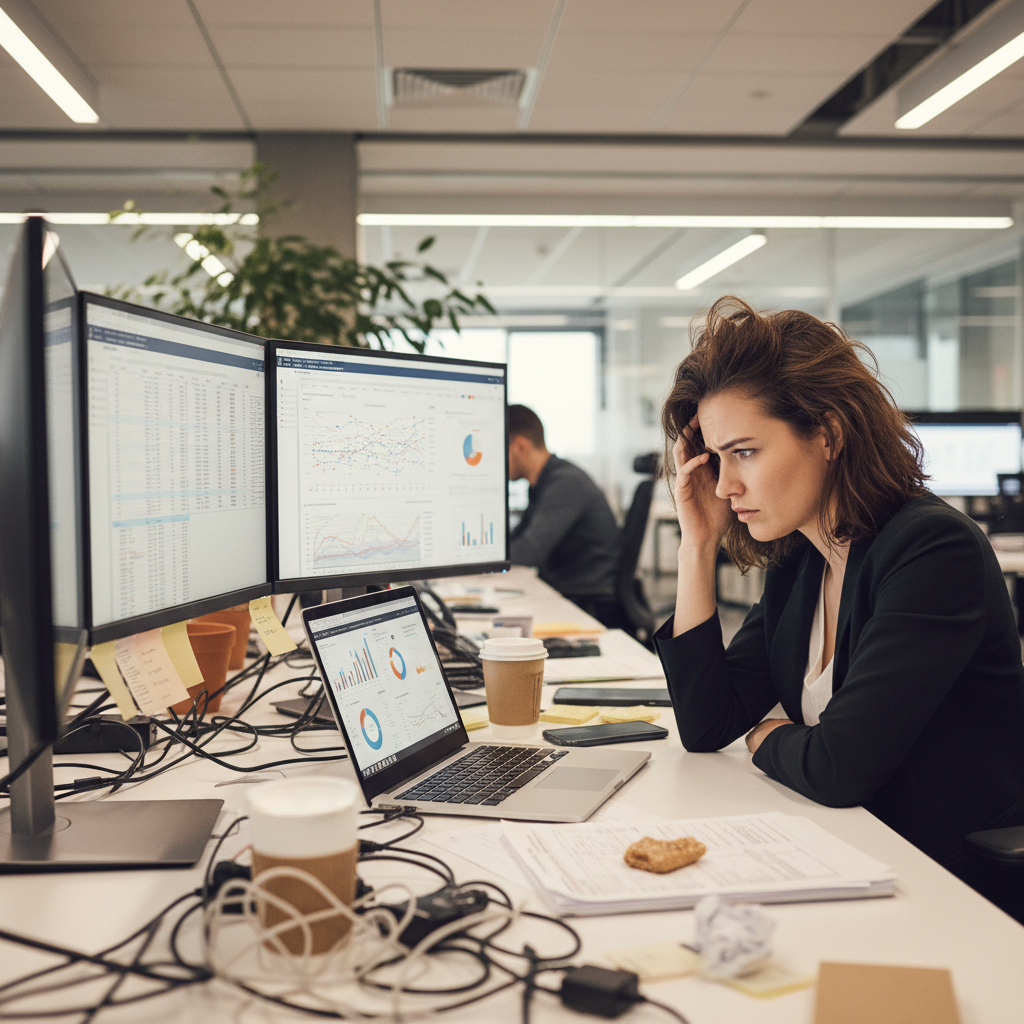 Marketing executive staring at confusing analytics dashboard