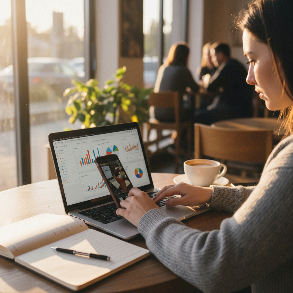 Real coffee shop scene with marketer checking analytics on laptop