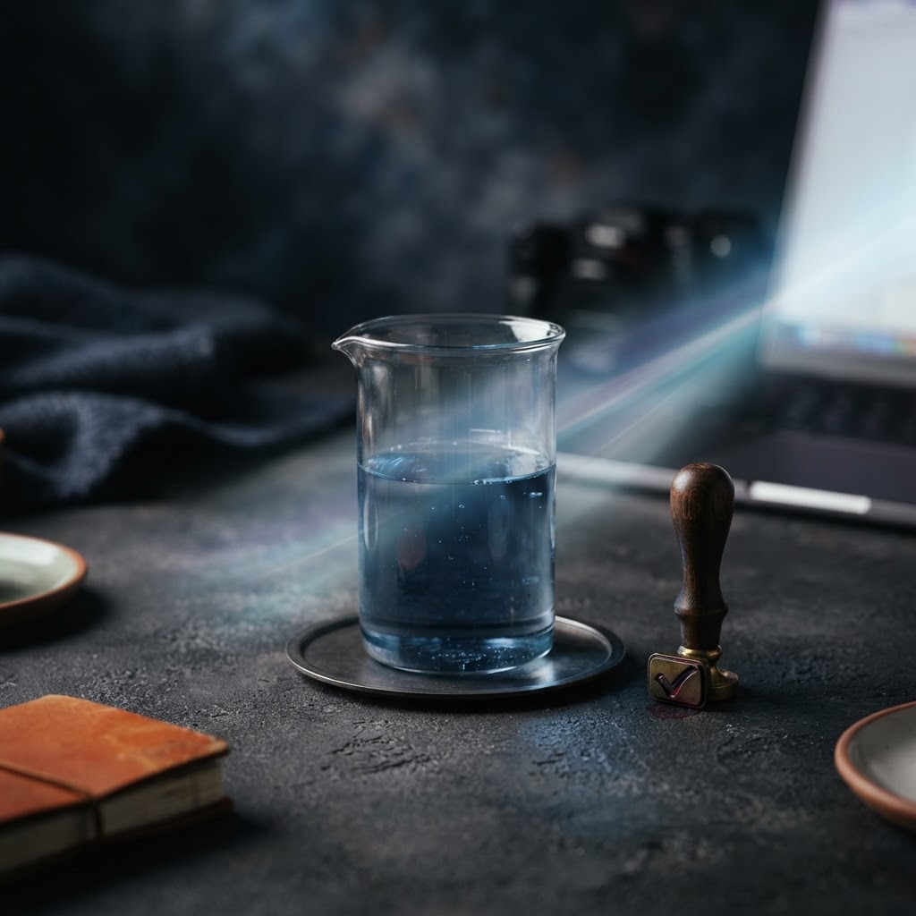 A glass measuring instrument sits beside a human approval token and analytics light