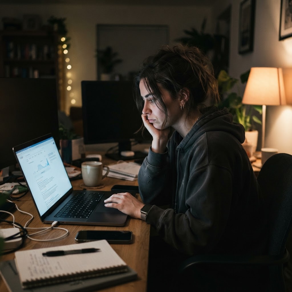 A late-night candid phone photo of a marketer checking AI search results at home