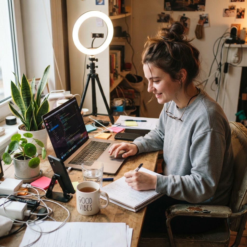 Candid smartphone photo of person at desk in home office