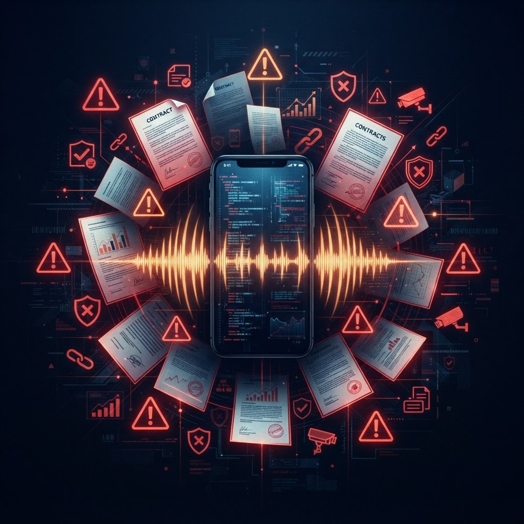 Dark editorial visualization of a phone with compliance warning signals