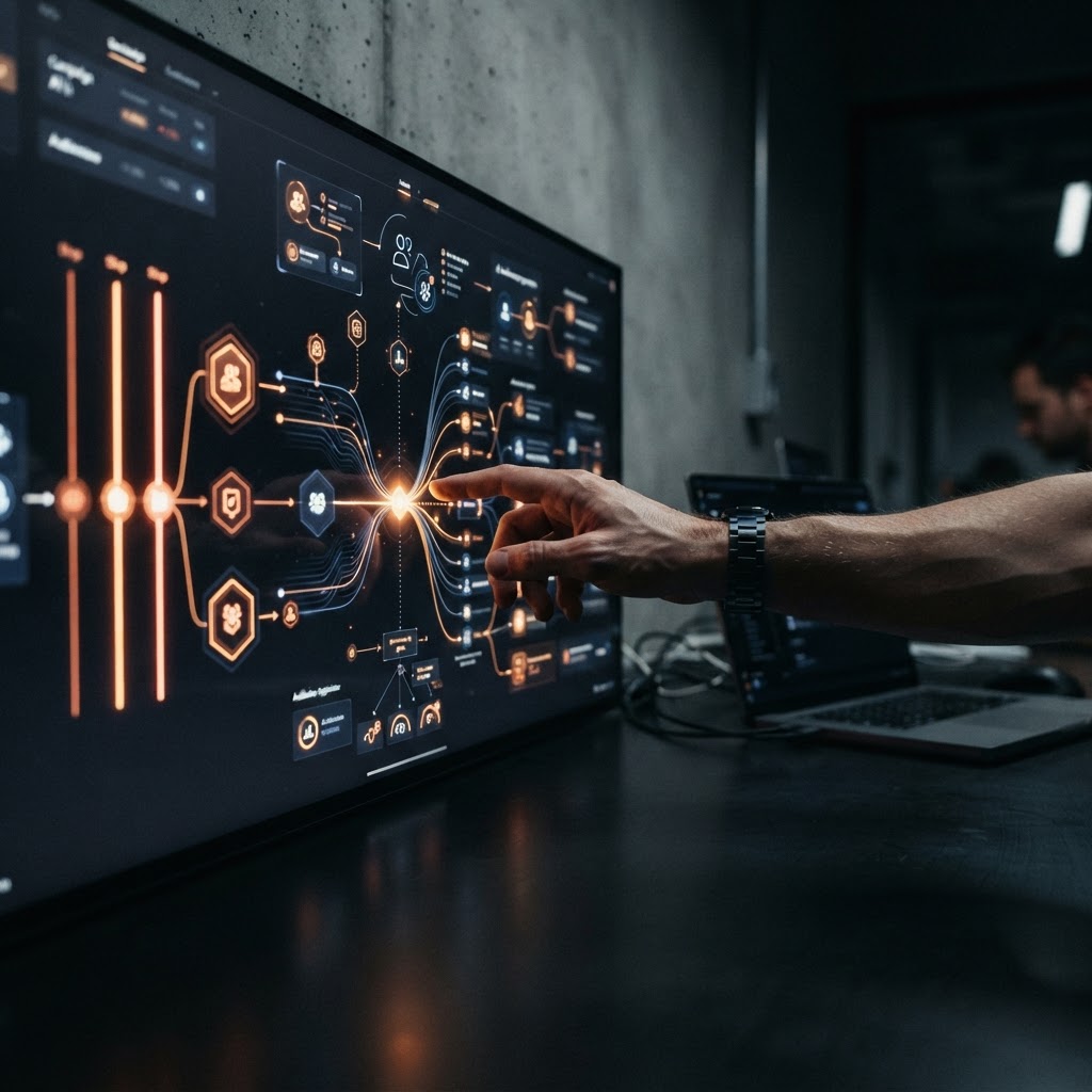 Human hand reviewing a glowing campaign decision board with permission gates
