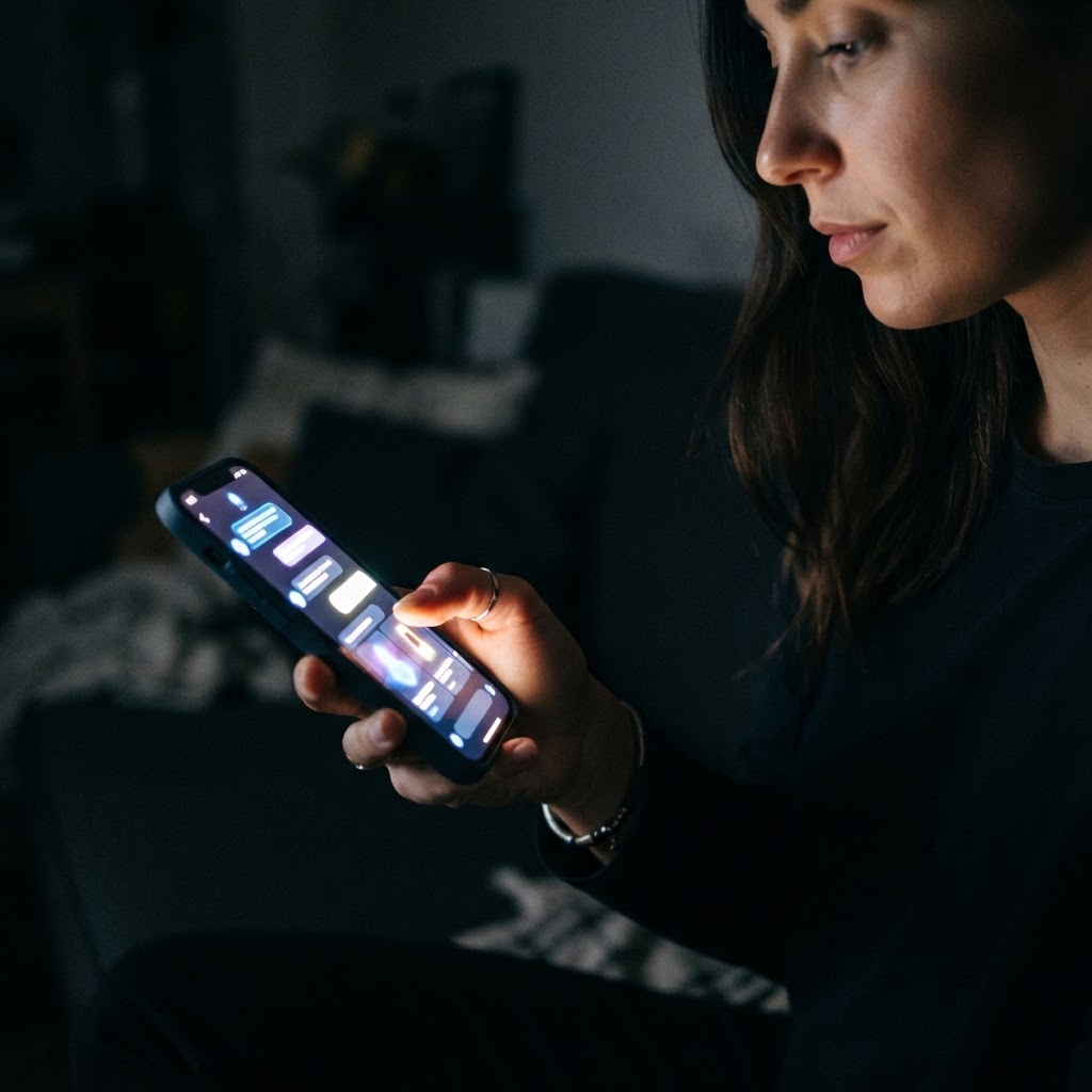 UGC-style photo of someone scrolling an AI chat assistant on their phone in a dark room with screen glow