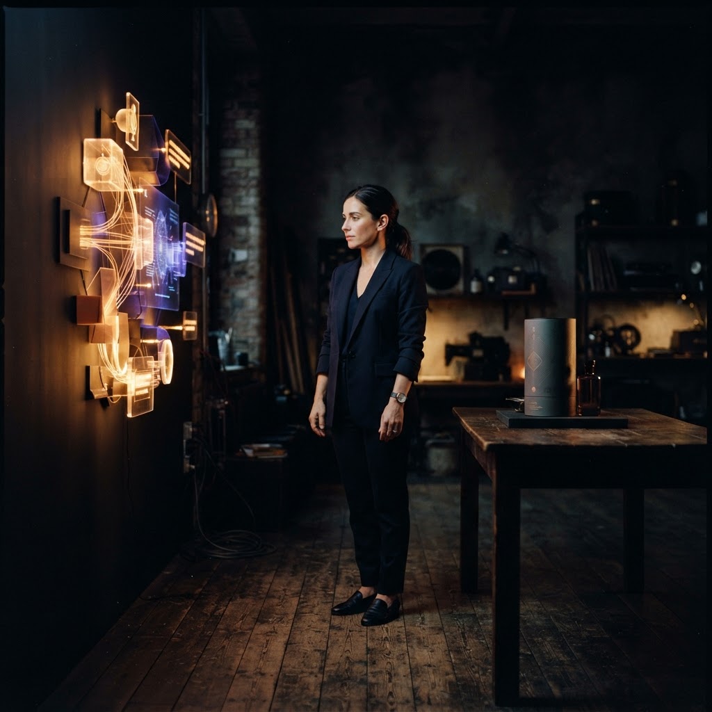A new placement can't repair an unclear offer. A marketer stands between a conversational AI interface and a physical product, the new media problem in one frame