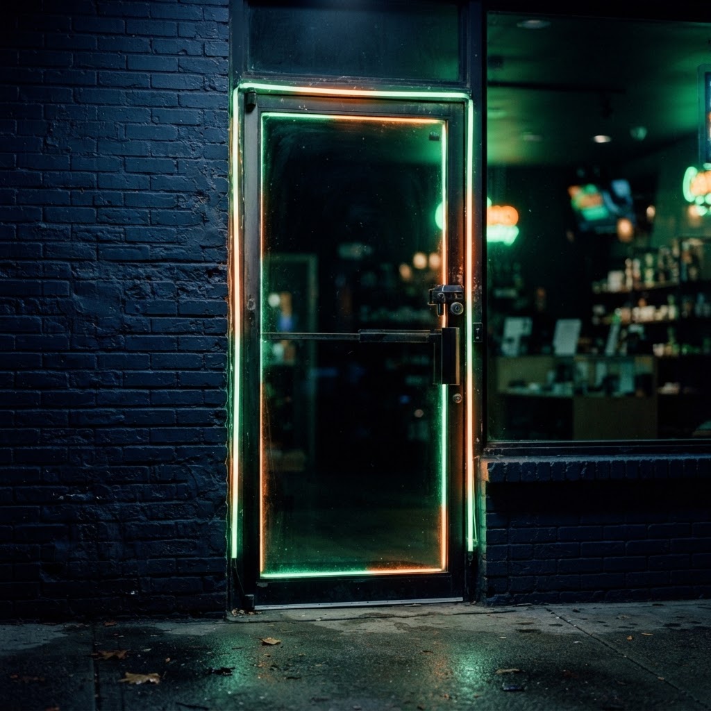 Locked glass dispensary door with neon light bleeding through the edges