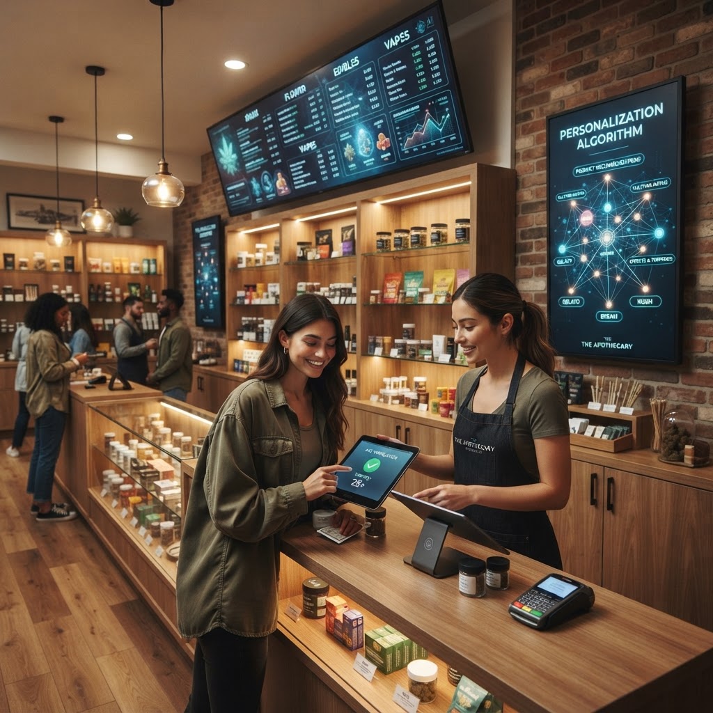 Cannabis dispensary with AI personalization interface visible on retail screens