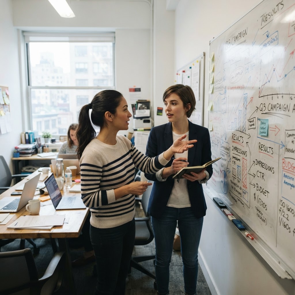 Two marketers debate campaign results beside a messy customer journey whiteboard
