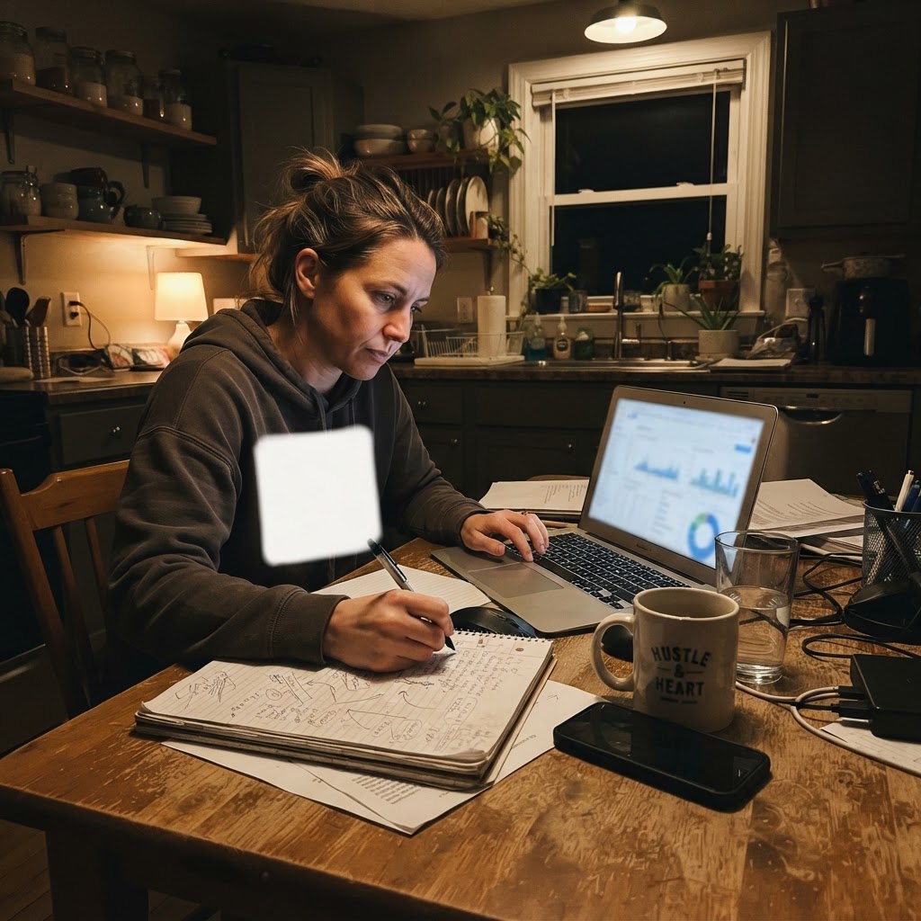 A small-business marketer reviews campaign results at a kitchen table late at night, candid smartphone photo.