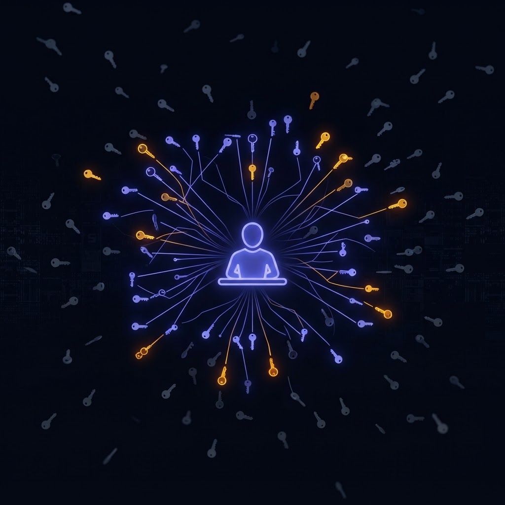 Most enterprise AI agents have credentials nobody is tracking. The ones glowing red are already compromised. A sprawling network of glowing interconnected nodes representing AI agent identities, some bright, some dim, some glowing red