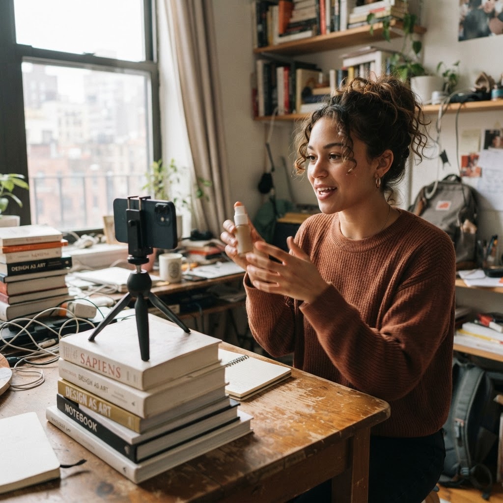The best test often starts with a rough explanation of the product. A freelance marketer films a product demo on a phone balanced on books in a cramped apartment, candid UGC-style photo