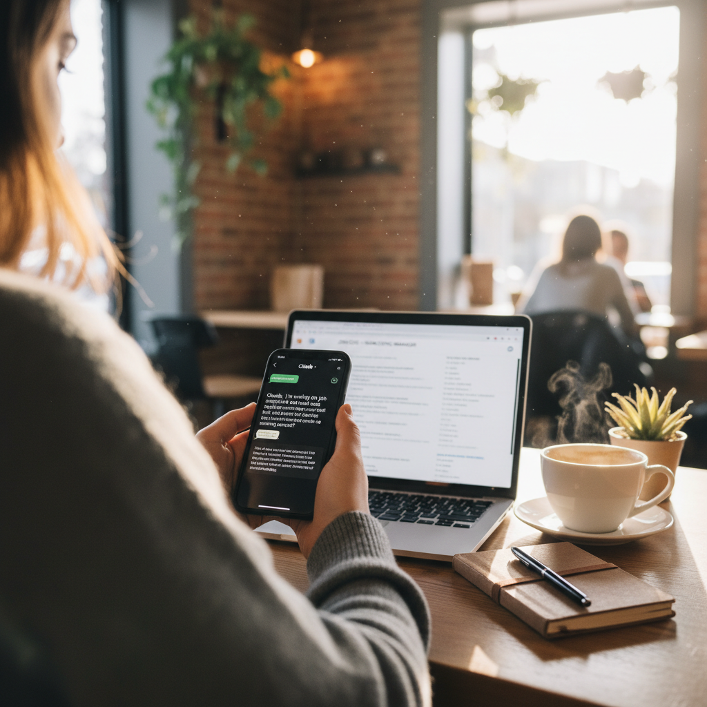 Person using Claude AI on phone to help with job application at coffee shop