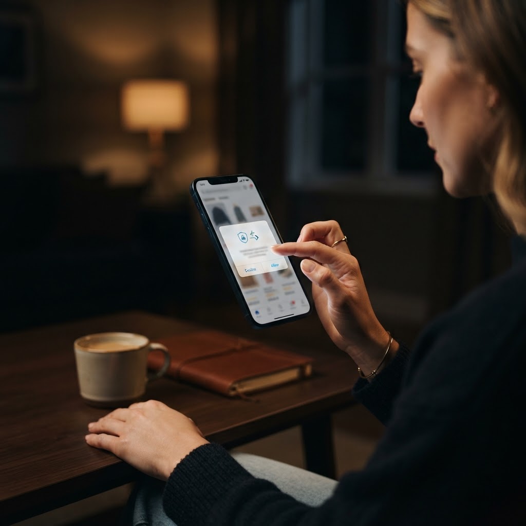 A shopper pauses at a simple privacy permission moment on a phone