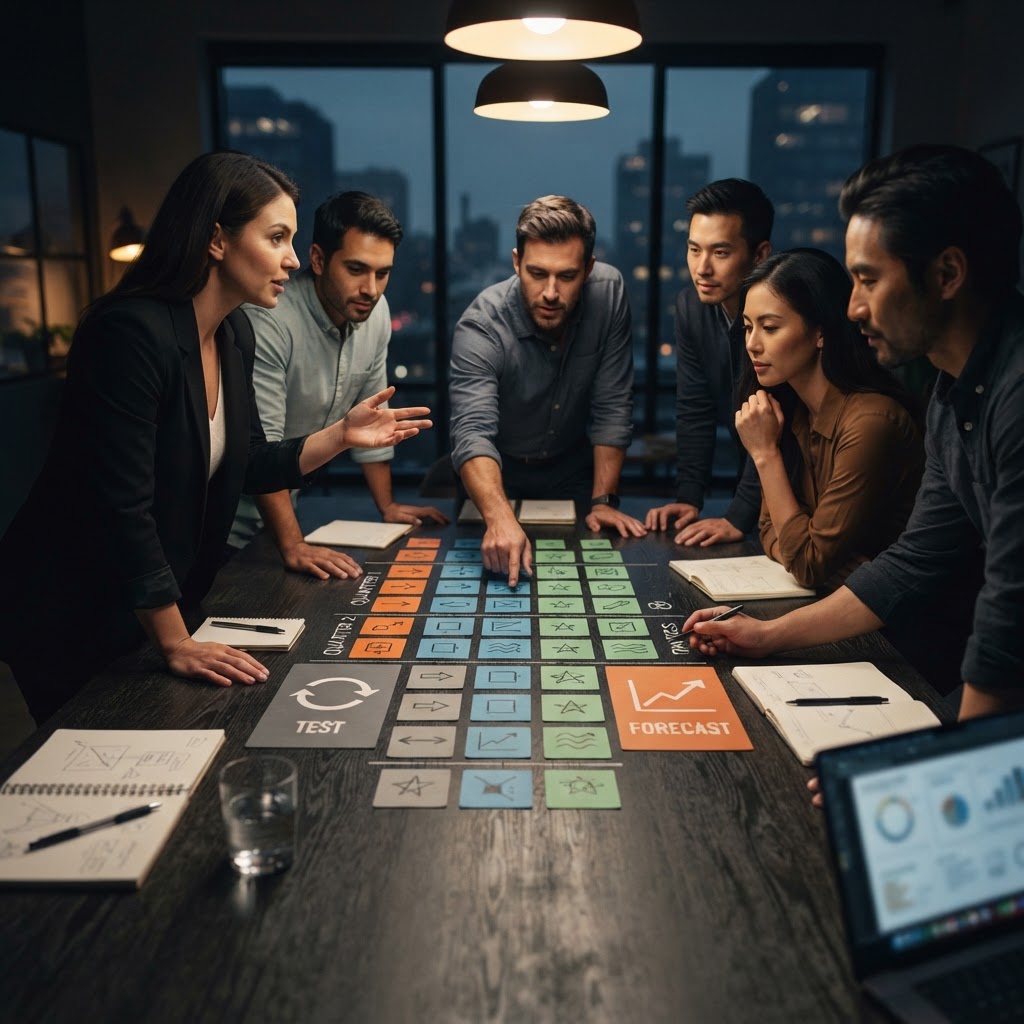 A marketing decision table with cards for outcomes, tests, and forecasts