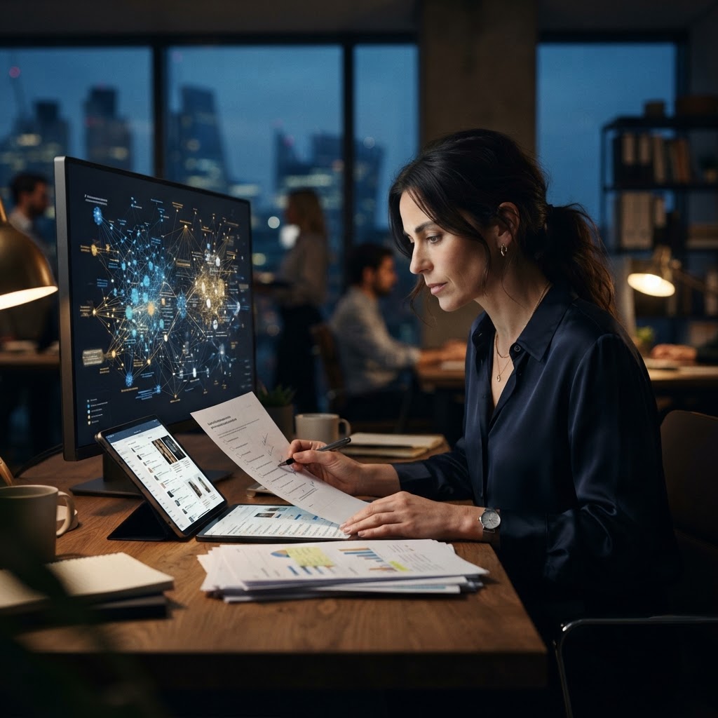 A brand strategist inspecting a product feed and claims checklist beside a glowing AI recommendation network