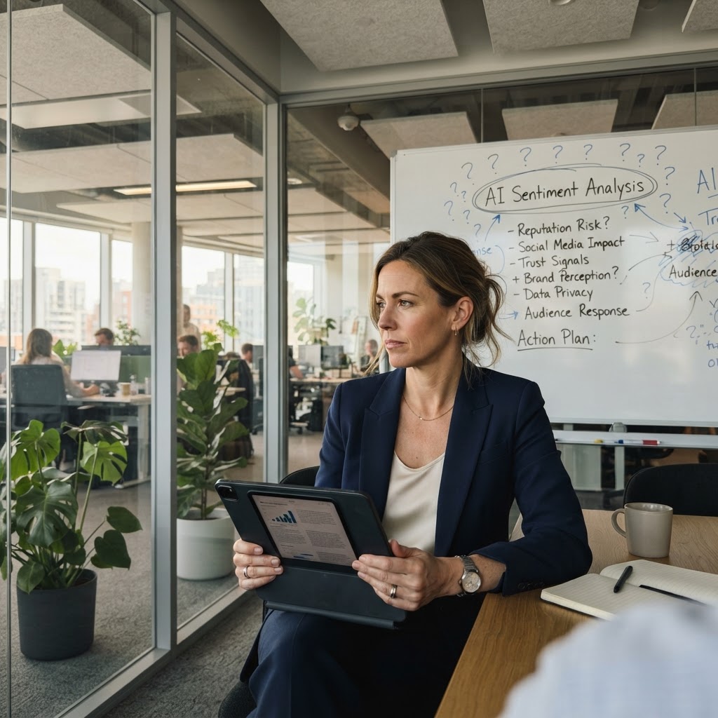 A CMO maps out AI sentiment strategy across Google and ChatGPT in a conference room