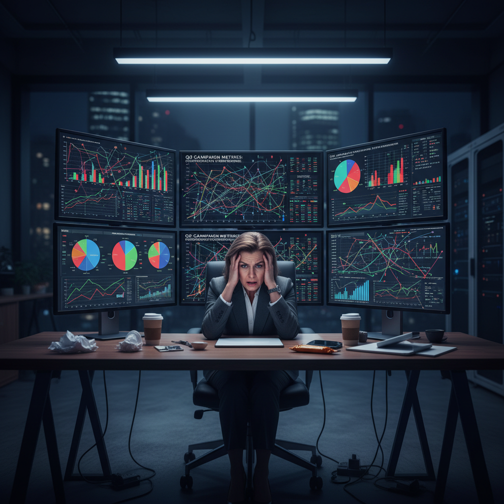 A marketing professional staring at multiple screens late at night, frustrated with conflicting metrics. Real office environment with coffee cup and warm desk lamp lighting.