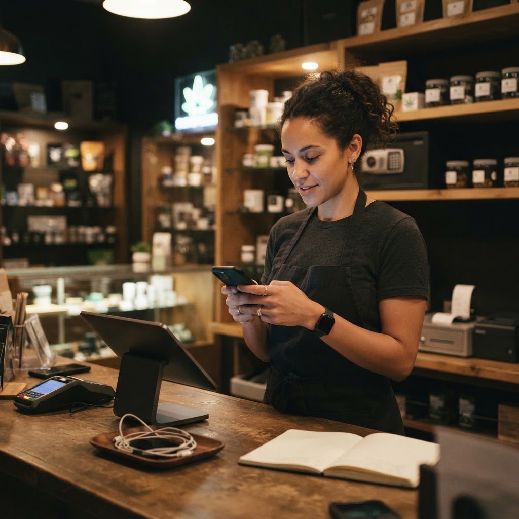 A dispensary manager checks a retail assistant from a phone after hours
