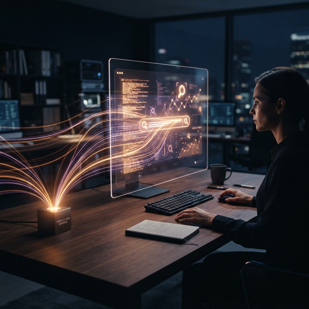 A glowing search signal moves toward a conversion path