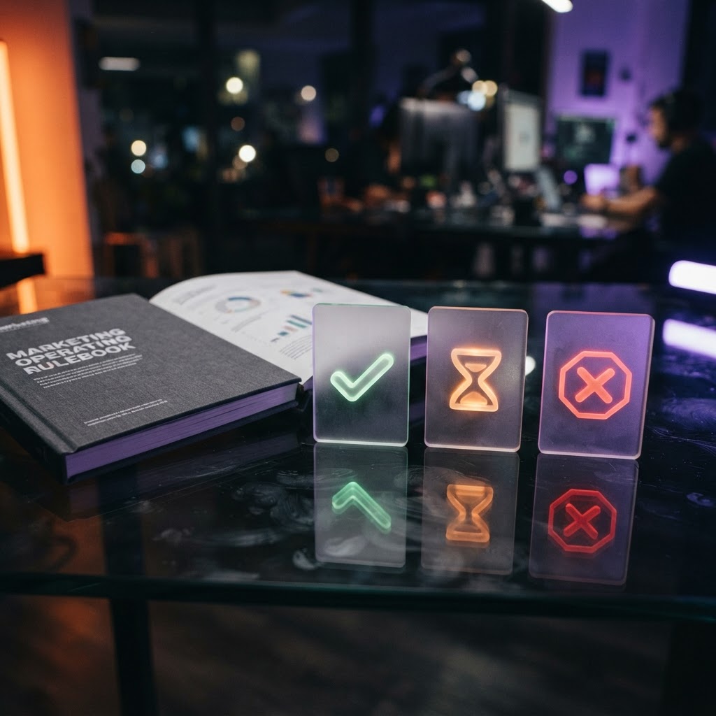Translucent approval, review, and stop cards form a marketing rulebook