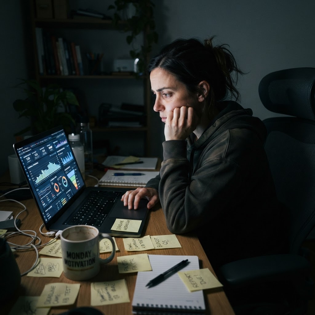 The 42% using AI as a fancy assistant are one board meeting away from a hard conversation. A marketing executive alone at night, illuminated by a laptop screen full of dashboards