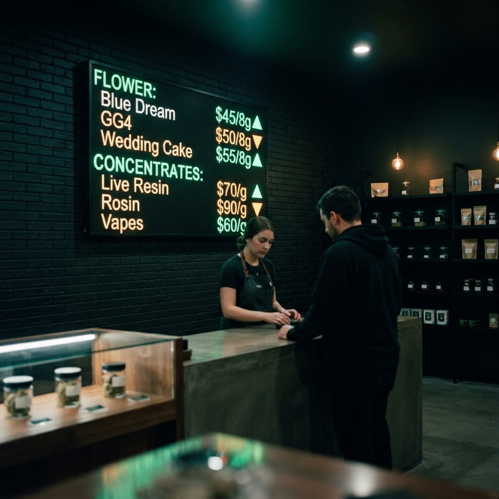 Dark cinematic dispensary interior with glowing digital price display