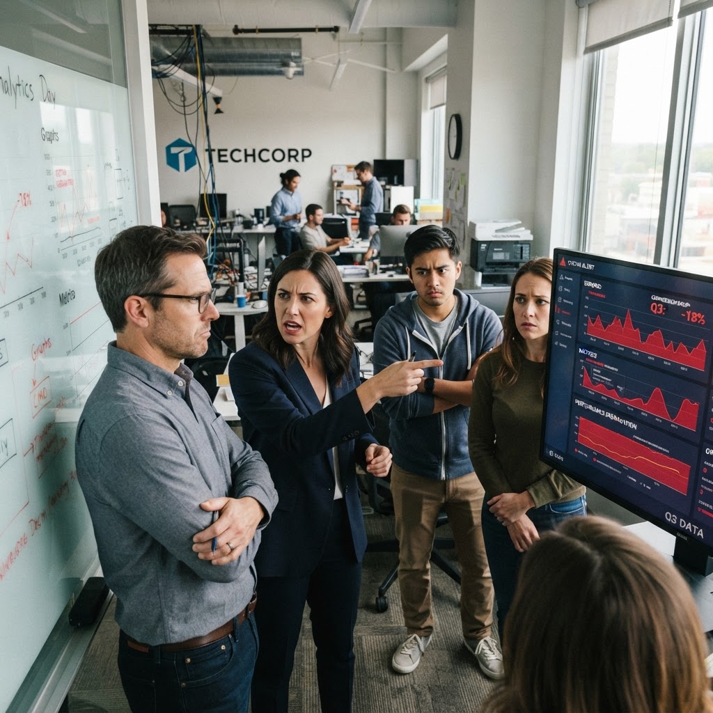 The conversation that determines whether a project ships or dies: alignment between governance and business needs. Team meeting in a tech office with tension visible - one person pointing at error metrics on screen while another listens skeptically