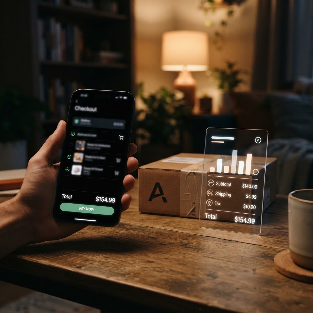 A phone, delivery package, and transparent price breakdown in a dark home setting