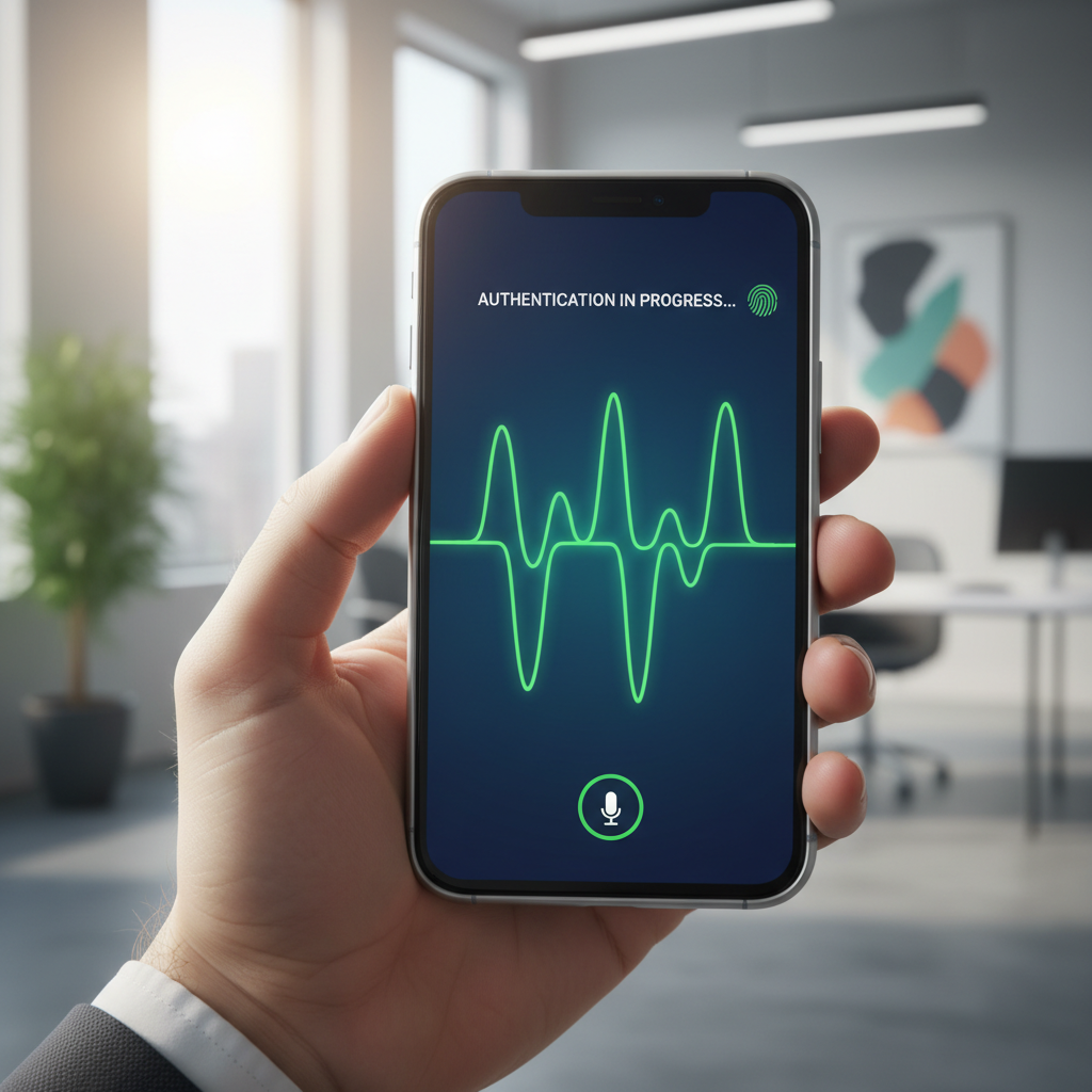 A smartphone mid-authentication showing voice waveforms