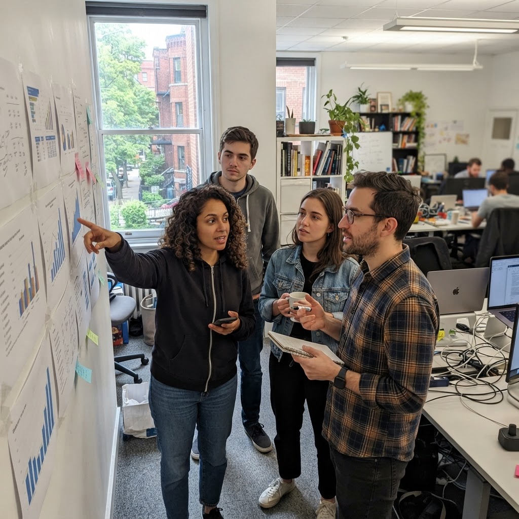 A candid smartphone photo shows a small marketing team debating an advertising report in a real office