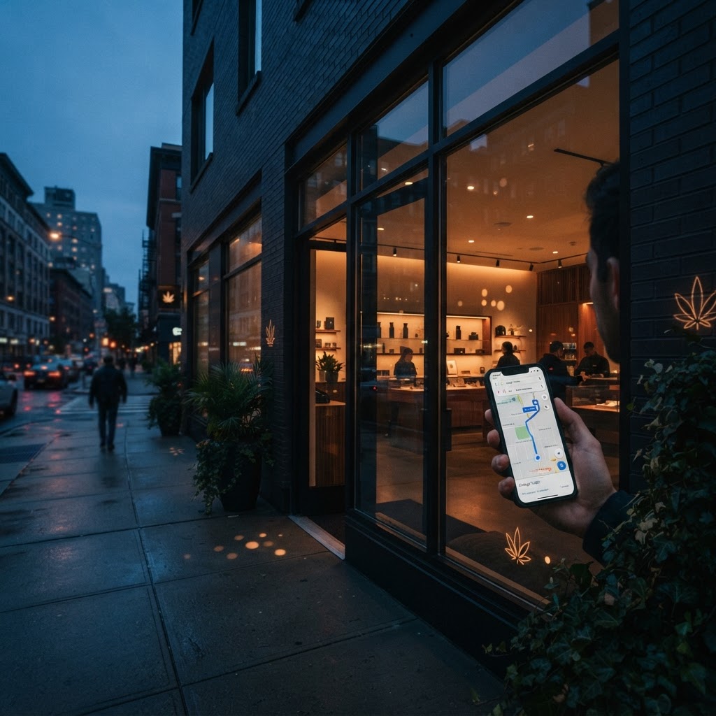 A licensed dispensary storefront at dusk with subtle search signals reflected in the glass