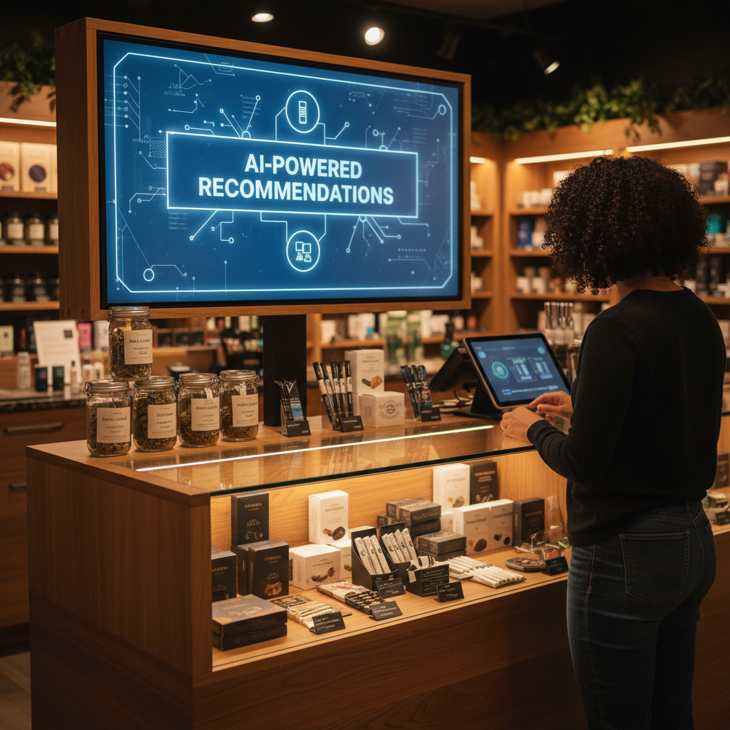 A dispensary counter with an AI recommendation screen displaying "AI-Powered Recommendations" to a confused customer
