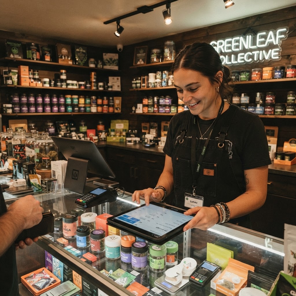 Candid photo of a budtender checking customer pricing on a tablet