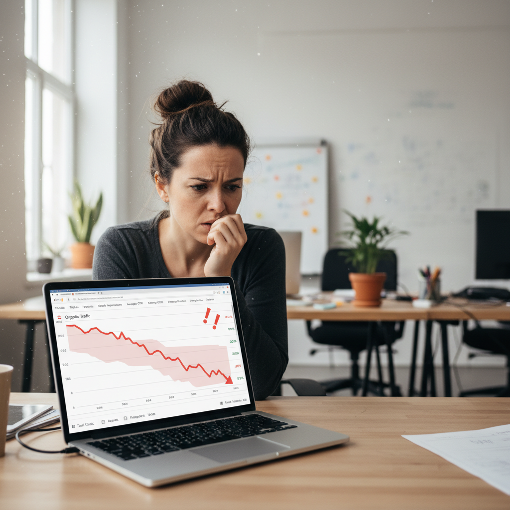 SEO manager looking at Google Search Console showing declining organic traffic