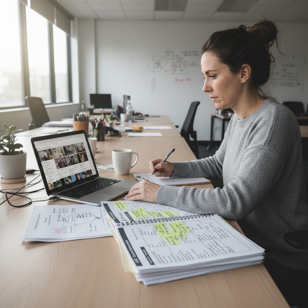 A marketing professional reviewing content on multiple devices with compliance checklists visible