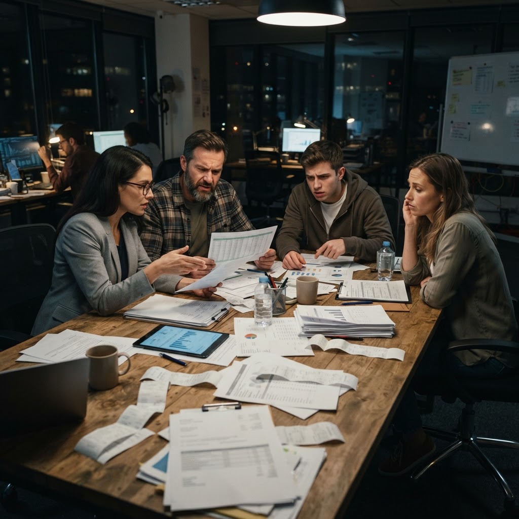 The missing person in the room is often the person who can explain causality A late-night marketing review with printed reports and one empty chair