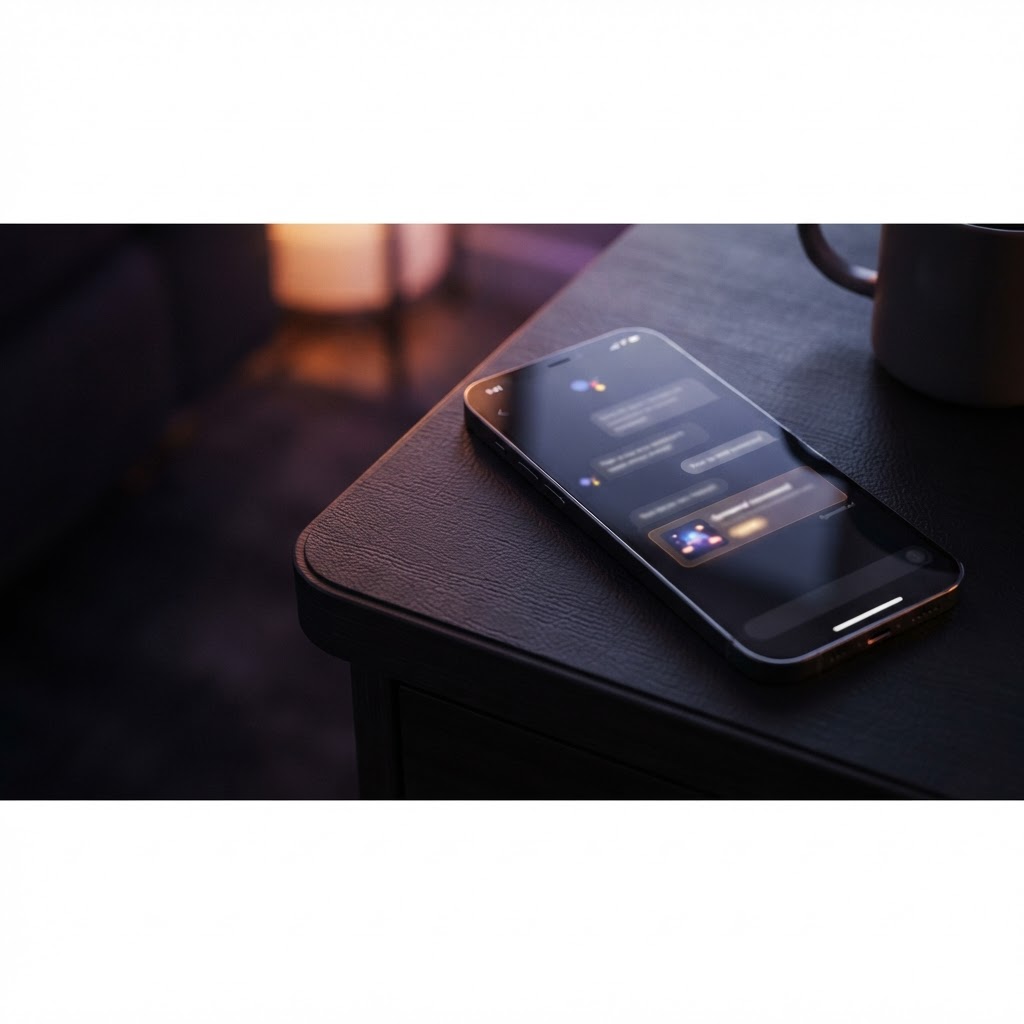 A phone beside a laptop showing a sponsored recommendation inside a conversational interface