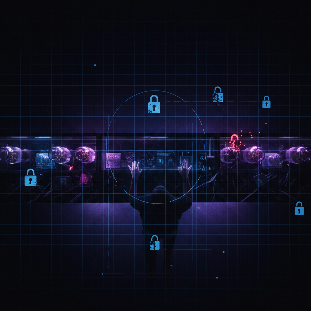 Dispensary counter with AI algorithm visualization and security audit patterns