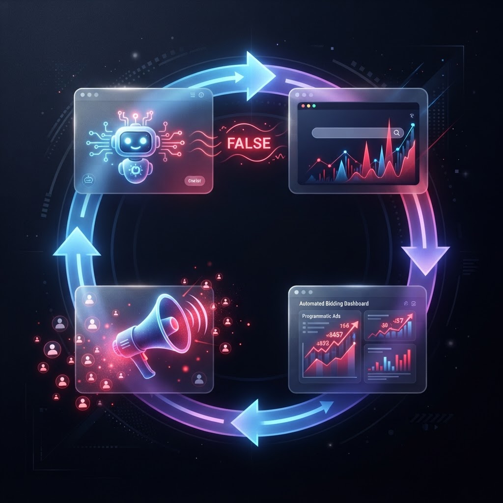 The four stages of the disinformation-to-ad-spend loop. Each stage feeds the next without human intervention. Dark infographic showing a four-stage circular loop: AI false claim, search spike, automated bidding, amplification back to users