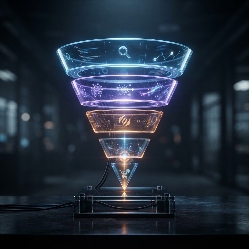 A transparent layered funnel showing query, AI answer, brand mention, and purchase signal as physical glass layers