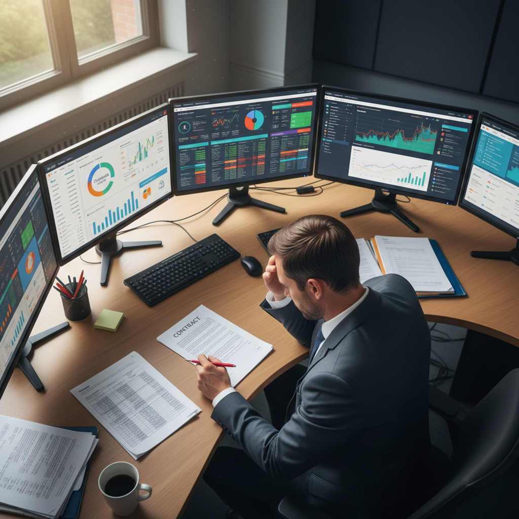 Executive at desk reviewing vendor dashboards and cost analysis