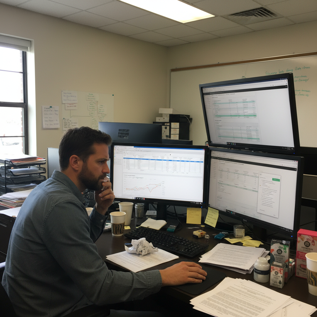 Dispensary manager reviewing marketing reports