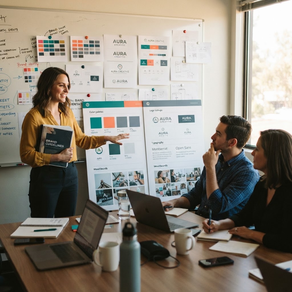 The brands that standardize their visual identity now are the ones that survive the synthetic image era. Brand manager presenting visual identity guidelines to colleagues in a conference room, candid phone camera shot, real office environment
