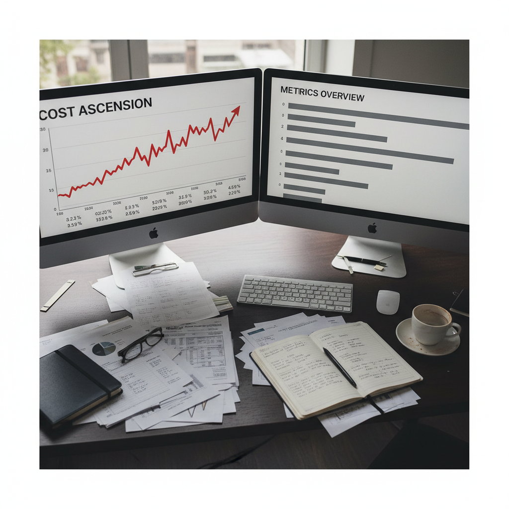 Desk with dual monitors showing cost graphs and feature metrics