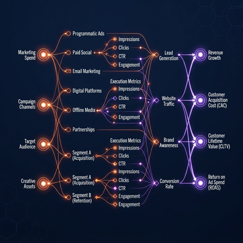 A decision tree connecting campaign inputs to business outcomes