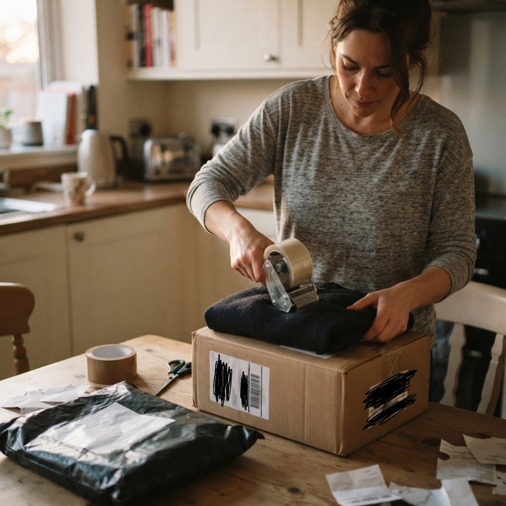 A customer repacks an online order at a kitchen table in natural evening light