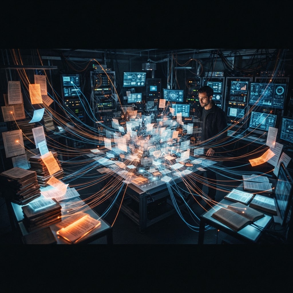 An AI answer engine assembling a response from multiple source documents