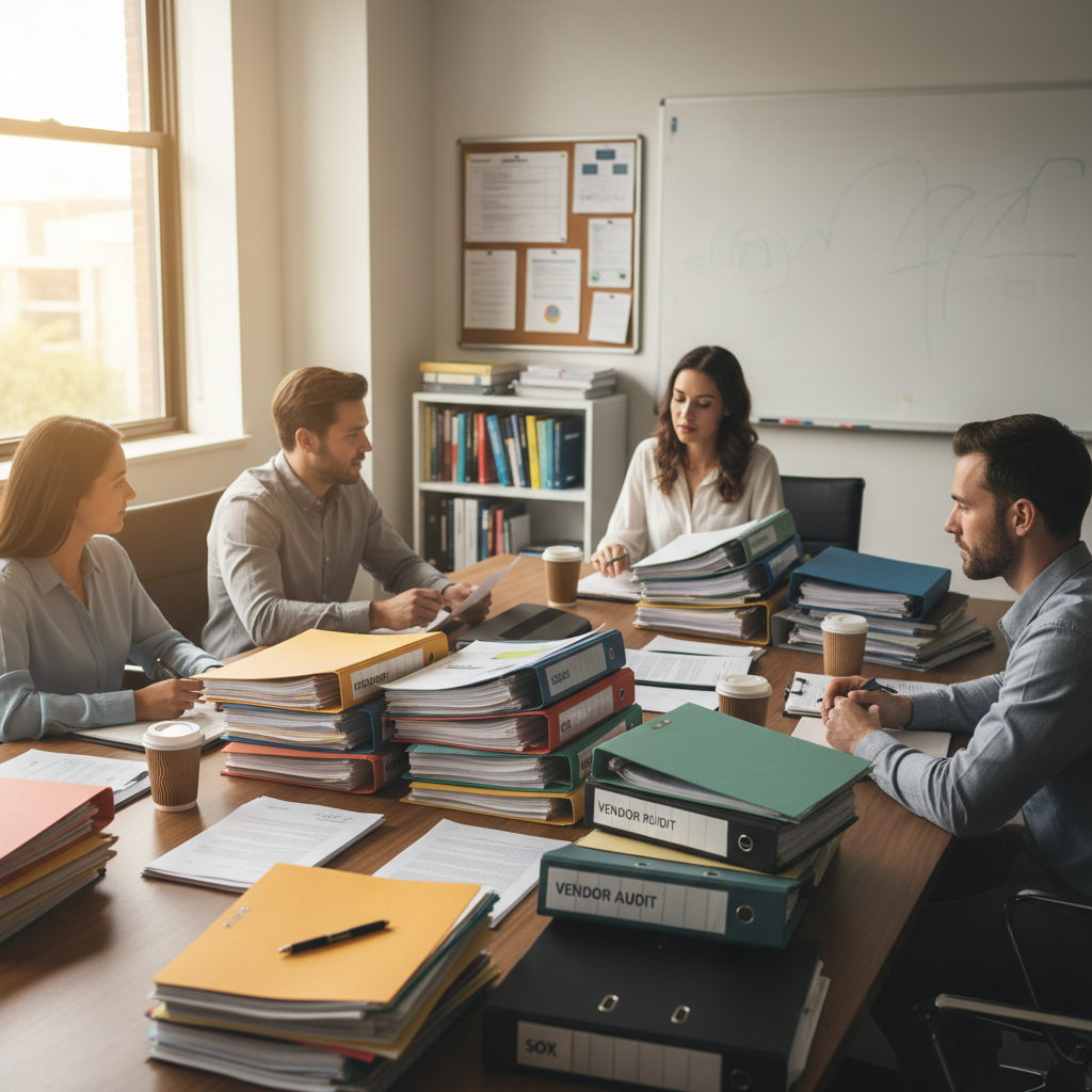 A compliance team reviewing vendor documents and dashboards