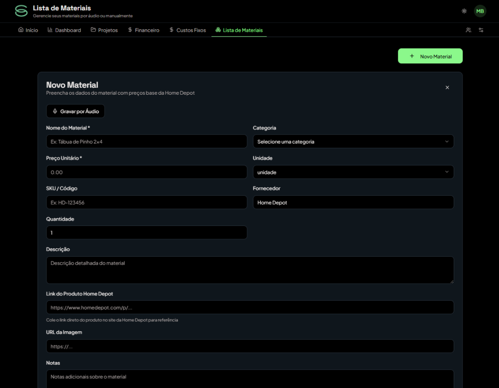 Lista de materiais